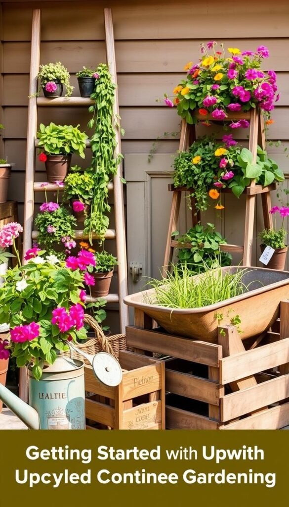 A cozy outdoor scene featuring an assortment of repurposed household items transformed into charming garden projects. In the foreground, a vintage watering can overflows with vibrant blooms while a rustic wooden crate serves as a planter for lush greenery. The middle ground showcases a whimsical vertical garden made from an old ladder, each step overflowing with cascading vines and herbs. In the background, a weathered wheelbarrow bursts with colorful flowers, its worn patina adding character to the scene. The warm, natural lighting bathes the entire composition in a soft, golden glow, creating a welcoming and inviting atmosphere perfect for the "Getting Started with Upcycled Container Gardening" section.