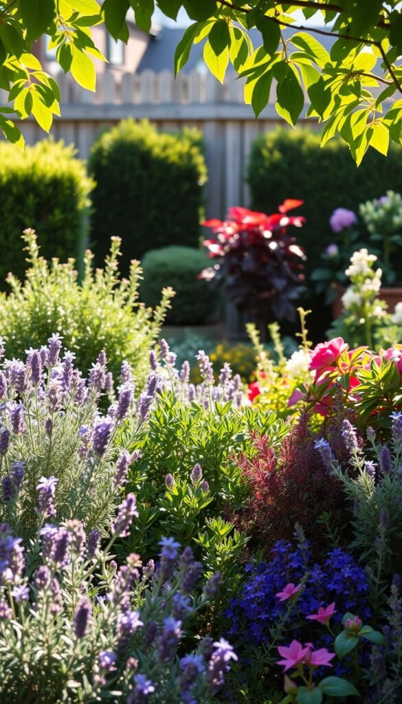 A cozy, sun-dappled garden scene showcasing a variety of lush, well-suited plants for a small outdoor space. In the foreground, a mix of colorful, low-growing perennials like lavender, rosemary, and thyme create a vibrant tapestry. Mid-ground, compact shrubs and small-scale trees, such as dwarf Japanese maples and hydrangeas, add depth and structure. The background is filled with a gentle, blurred vista of neatly trimmed hedges and a weathered wooden fence, conveying a sense of tranquility. Soft, warm lighting filters through the leaves, casting gentle shadows and highlights that accentuate the healthy, verdant foliage. The overall composition feels balanced, inviting, and perfectly tailored to a limited gardening space.