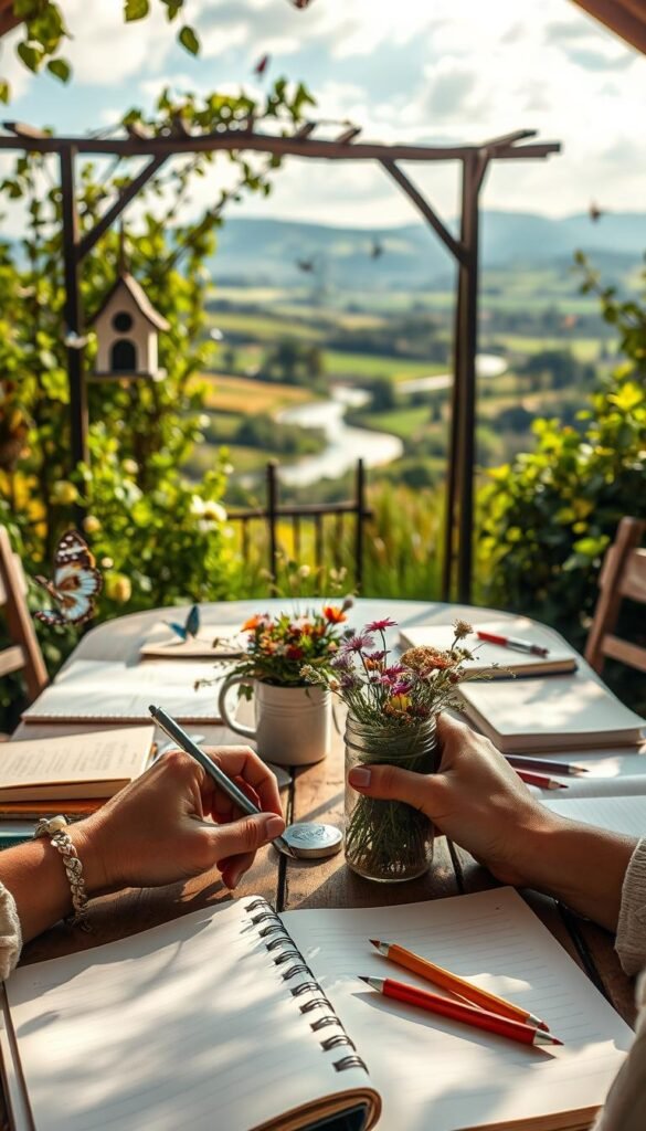 A cozy, sun-dappled garden table, its surface covered in a sprawling array of journaling supplies - open notebooks, pens, pencils, and wildflowers in a mason jar. The foreground is a close-up of a gardener's hands, tenderly sketching the lush, verdant plants surrounding them. In the middle ground, a whimsical birdhouse hangs from a weathered arbor, as butterflies dance through the air. The background blurs softly, revealing a picturesque landscape of rolling hills, a winding river, and a distant line of towering trees. Soft, natural lighting filters through wispy clouds, casting a warm, inviting glow over the entire scene.
