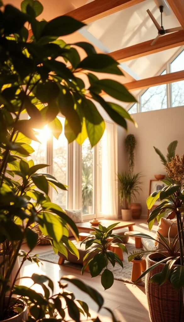 A cozy, sun-drenched interior of an eco-friendly home, showcasing the benefits of clean air quality. In the foreground, lush, vibrant houseplants thrive, their leaves gently swaying. Warm, natural light filters through large windows, casting a soft, golden glow throughout the space. The middle ground features minimalist, sustainable furniture crafted from reclaimed wood and natural fibers. In the background, an airy, open floor plan highlights the home's efficient ventilation system, promoting a healthy, rejuvenating atmosphere. The overall scene exudes a sense of serenity, comfort, and environmental consciousness.