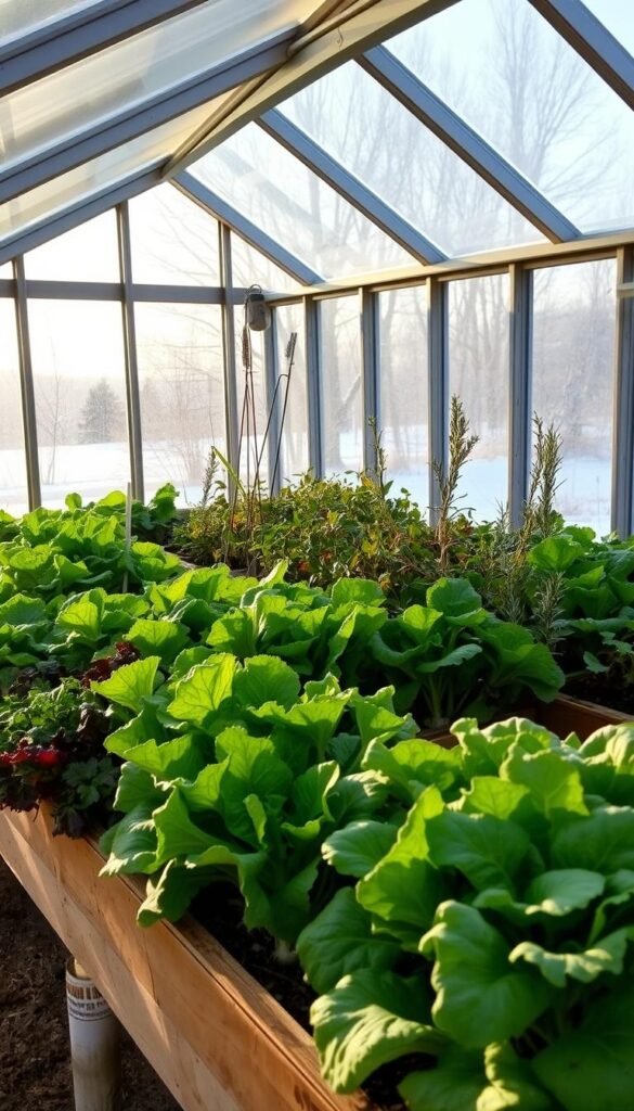 A cozy, well-lit greenhouse filled with lush, verdant salad greens and leafy vegetables in raised garden beds. The soft, natural light filters in through the glass panes, casting a warm glow over the scene. In the foreground, a variety of vibrant lettuces, kale, and chard flourish, their leaves unfurling with vitality. In the middle ground, herbs like rosemary and thyme add pops of color and fragrance. The background showcases the winter landscape beyond the greenhouse, with bare trees and a dusting of snow, hinting at the colder months outside. The overall atmosphere is one of abundance, resilience, and the triumph of life over the winter chill.