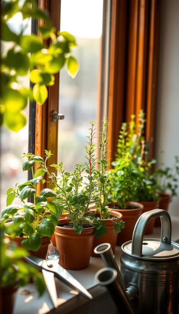 A cozy windowsill filled with lush, thriving herbs - basil, rosemary, and oregano - gently illuminated by the warm, natural light streaming through the window. The herbs stand in a row of small terra-cotta pots, their leaves glistening with morning dew. In the foreground, a pair of pruning shears and a watering can suggest the attentive care of the indoor gardener. The background is softly blurred, keeping the focus on the vibrant green foliage and the peaceful, nurturing atmosphere of the homegrown herb garden.