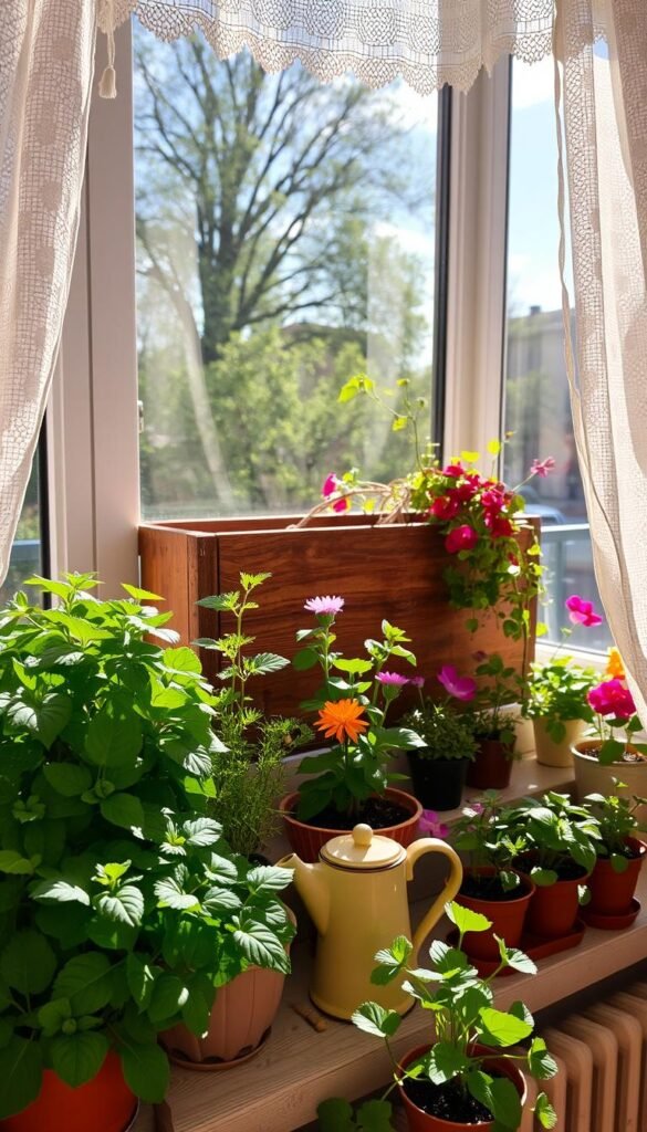 A cozy windowsill garden setup, bathed in warm, natural light filtering through lace curtains. In the foreground, a row of colorful, thriving potted plants - lush leafy greens, fragrant herbs, and vibrant flowers. A ceramic watering can and small gardening tools neatly arranged nearby. In the middle ground, a rustic wooden planter box overflows with cascading vines and blooming buds. The background reveals a peaceful outdoor scene, with a glimpse of trees and blue sky beyond the windowpane. The overall atmosphere is one of tranquility, growth, and the joy of urban indoor gardening.