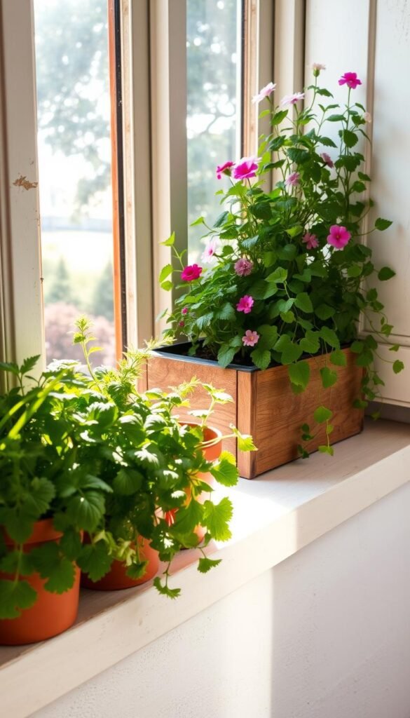 A cozy windowsill garden spot, bathed in soft, natural light filtering through an open window. In the foreground, lush potted herbs and leafy greens flourish, their vibrant colors and textures inviting the viewer to lean in and breathe in their earthy aromas. The middle ground features a small wooden planter box overflowing with cascading vines and blooming flowers, adding pops of color and a sense of lively growth. The background showcases the warm, muted tones of the weathered windowsill and the tranquil, outdoor scene beyond, creating a sense of peaceful integration between the indoor and outdoor spaces. The lighting is gentle and diffused, casting a serene, glowing atmosphere that highlights the thriving, well-tended plants and the cozy, inviting ambiance of this ideal windowsill garden spot.