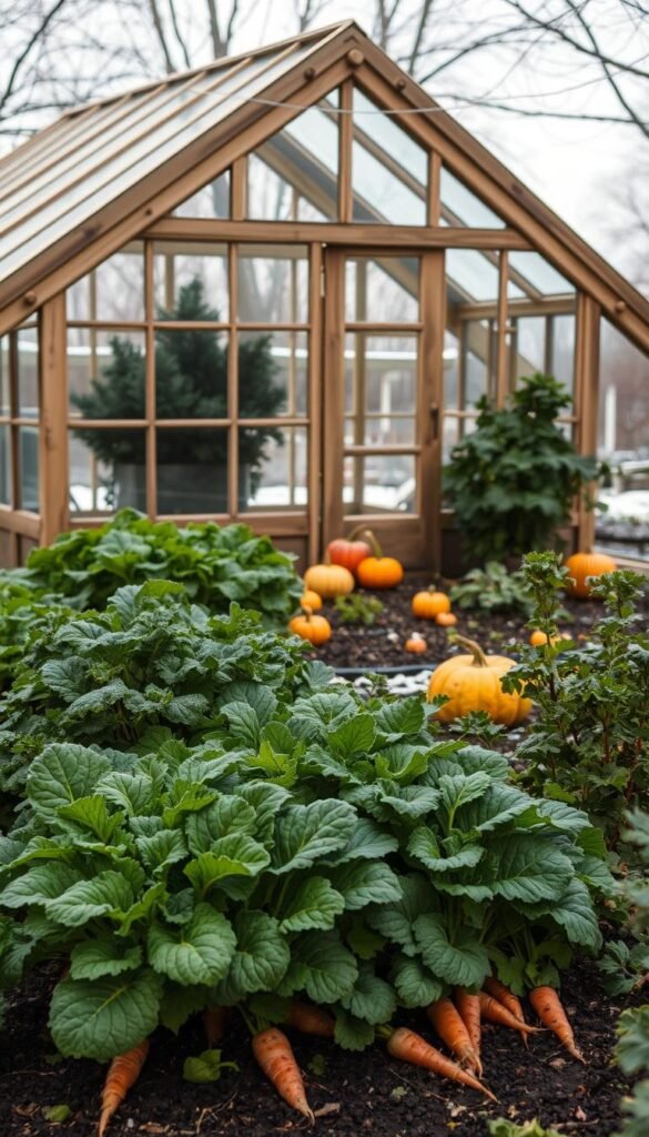 A cozy winter garden scene, with an old wooden cold frame sheltering a vibrant array of leafy greens and root vegetables. The frame's glass panes catch the soft, diffused light of an overcast sky, creating a warm, inviting atmosphere. In the foreground, clusters of kale, spinach, and Swiss chard thrive, their lush foliage contrasting with the crisp, earthy tones of carrots and parsnips peeking out from the soil. The middle ground features a scattering of decorative pumpkins and gourds, their rounded forms adding visual interest. In the background, a subtle dusting of snow on the surrounding garden beds suggests the chill of the season, emphasizing the cold frame's role in extending the growing season. The overall composition conveys the bountiful possibilities of cold frame gardening, even in the depths of winter.