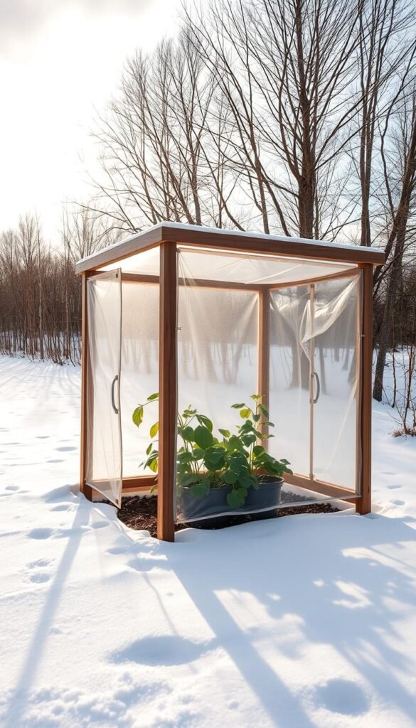 A cozy winter garden, with a wooden frame structure covered in a translucent plastic sheeting, standing amidst a snowy landscape. The frame casts long shadows on the ground, creating a warm, diffused lighting effect. Leafy green plants peek out from the sheltered interior, their vibrant colors contrasting with the muted tones of the winter scene. In the background, a row of bare trees stands tall, their branches reaching up towards a soft, overcast sky. The composition has a sense of tranquility and protection, inviting the viewer to imagine tending to a thriving garden, even in the harshest of winter months.