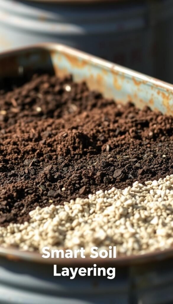A crisp, close-up image of soil layering in a metal planter. The foreground showcases the distinct strata of potting mix, compost, and vermiculite, neatly arranged in the planter's interior. The middle ground highlights the planter's weathered, industrial-chic metal exterior, with a subtle sheen and rustic patina. The background is softly blurred, creating a sense of focus on the intricate soil layers. Lighting is natural, with gentle shadows accentuating the textures and depth of the materials. The overall mood is one of orderly composition, earthy tones, and a touch of rustic elegance, perfectly suited to illustrate the "Filling Your Stock Tank: Smart Soil Layering" section.
