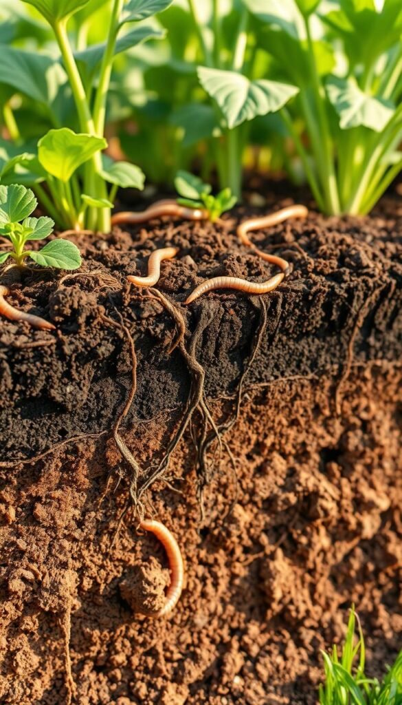 A cross-section of a lush, no-dig garden bed featuring distinct soil layers. The foreground showcases a vibrant, dark topsoil layer teeming with organic matter and earthworms. Transitioning below, a middle layer of loose, nutrient-rich compost blends into a deep, crumbly subsoil. Roots of thriving plants weave through the layers, anchoring the soil. Warm, soft lighting illuminates the scene, casting gentle shadows that accentuate the textural details. The composition is captured at a slight angle, providing depth and emphasizing the natural stratification of the soil profile. This harmonious, well-balanced image reflects the effortless soil health achieved through the no-dig gardening method.