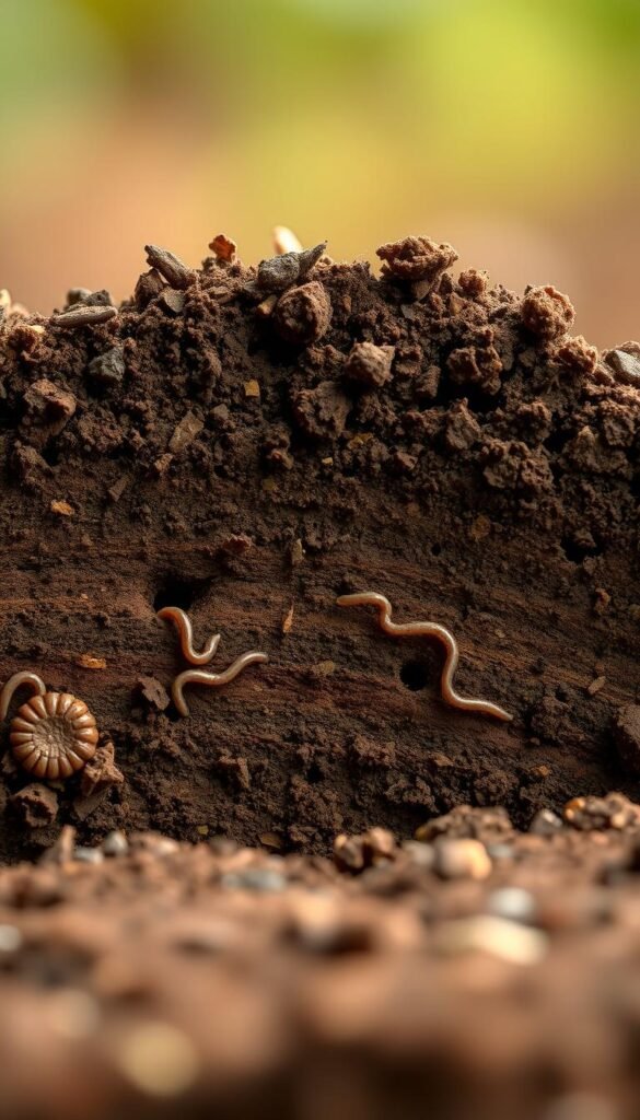 A cross-section of a no-dig and no-till garden soil, showcasing the distinct differences in structure and texture. In the foreground, the no-dig soil displays a layered, crumbly texture with visible organic matter and abundant earthworm burrows, indicating a thriving ecosystem. In the middle ground, the no-till soil appears more compact, with fewer visible pore spaces and a more uniform appearance. The background features a soft, warm lighting that accentuates the earthy tones and subtle variations in the soil profiles. Captured with a high-resolution macro lens, the image highlights the intricate details and the importance of preserving soil health through sustainable gardening practices.