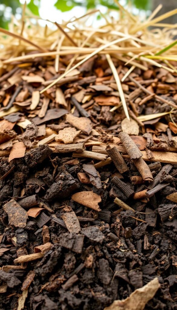 A cross-section of rich, dark organic compost and mulch layers, meticulously arranged to create a lush, verdant tapestry. In the foreground, tightly packed bits of decaying leaves, twigs, and other plant matter form a spongy, nutrient-dense base. Above, a middle layer of shredded bark and wood chips, their warm, earthy tones complementing the deeper hues below. In the background, a thick top dressing of straw and hay, gently catching the soft, diffused light to evoke a sense of natural harmony. Shot with a macro lens at a low angle, highlighting the intricate textures and subtle gradients that embody the essence of sustainable soil enrichment.