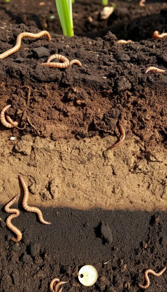 A cross-section of soil layers in a no-till garden, showcasing the distinct horizons and textures. The foreground features a rich, dark topsoil teeming with organic matter and earthworms. The middle ground reveals a transition zone of lighter, crumbly soil interspersed with roots and decaying plant material. In the background, a deeper, more compacted subsoil layer is visible, with subtle variations in color and structure. The lighting is soft and diffused, casting gentle shadows that accentuate the layered structure. The composition is balanced, with a natural, earthy tone that conveys the essence of a thriving, undisturbed no-till garden ecosystem.