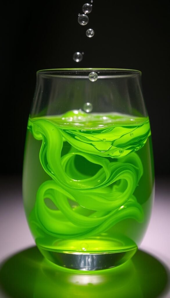 A crystal clear glass vessel filled with a vibrant, luminous hydroponic nutrient solution. The liquid gently swirls, catching the soft, diffused lighting that illuminates the scene. The solution's vivid green hue suggests a rich, balanced blend of essential minerals and nutrients. Delicate air bubbles drift upwards, creating a serene, contemplative ambiance. The vessel's clean, minimalist design allows the solution's natural beauty to take center stage, inviting the viewer to appreciate the fundamental building blocks of a thriving hydroponic garden.