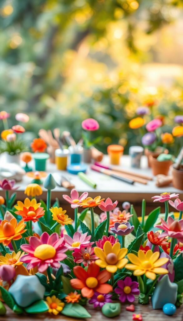A delightful scene of paper clay garden crafts, with whimsical shapes and textures. In the foreground, a vibrant array of paper clay flowers and plants in various stages of creation, their vibrant hues and organic forms capturing the imagination. In the middle ground, a table laden with tools and materials, including sculpting tools, paints, and a workspace for little hands to craft their masterpieces. The background features a soft, blurred natural setting, hinting at a lush, inviting garden, creating a sense of wonder and joy. Warm, diffused lighting bathes the scene, adding a cozy, homespun atmosphere. The overall composition evokes a playful, mess-free exploration of gardening crafts perfect for toddlers.