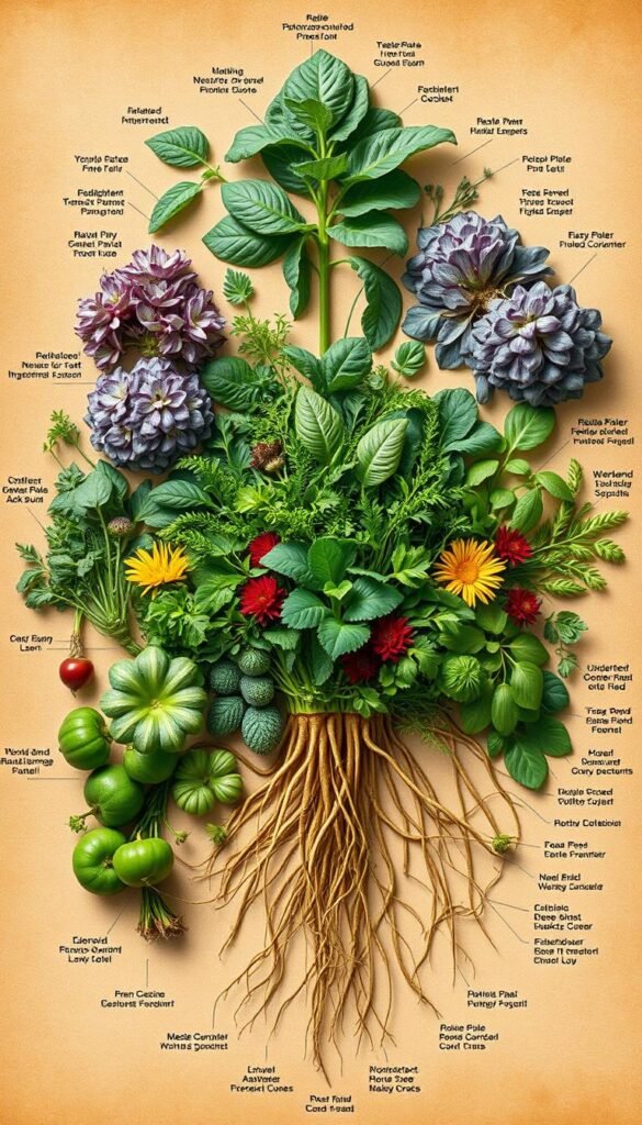 A detailed, botanical diagram depicting a harmonious grouping of various plant families, their distinctive foliage, and intertwining root systems. The image should feature a central composition with a lush, verdant middle ground showcasing an array of thriving crops arranged by their nutrient and growth requirements. Rendered with a soft, natural lighting that accentuates the organic textures and vibrant colors, creating an educational yet aesthetically pleasing visual aid. The background should subtly fade into a warm, earthy tone, further emphasizing the interconnectedness of the plant communities. The overall atmosphere should convey a sense of horticultural knowledge and sustainable gardening practices.