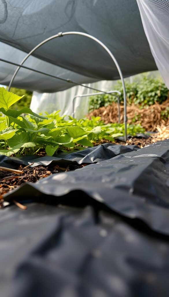A detailed close-up view of various plastic mulches and insulating methods used in a well-lit horticulture setting. In the foreground, a section of black plastic mulch covers the soil, contrasting with lush green plants growing through it. In the middle ground, sections of row cover fabric are draped over sturdy wire hoops, creating a miniature hoop house environment. The background features a mix of vibrant vegetation and natural materials like straw or leaf litter used as additional insulation. The lighting is soft and diffused, highlighting the textures and colors of the scene. The overall composition conveys an atmosphere of controlled, optimized plant growth in a carefully tended garden or agricultural setting.