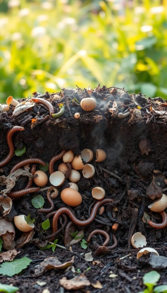 A detailed cross-section view of an active compost pile, showcasing the decomposition process in progress. The foreground features various organic materials, such as shredded leaves, vegetable scraps, and eggshells, intermingled with a thriving population of decomposer organisms, including earthworms, bacteria, and fungi. The middle ground depicts the gradual transformation of these materials into rich, dark humus, with steam or vapor rising from the center, indicating the ongoing microbial activity. The background portrays a lush, verdant garden setting, hinting at the eventual use of the finished compost to enrich the soil. The lighting is warm and natural, casting a soft, earthy glow on the scene, and the perspective is slightly elevated to provide a comprehensive view of the composting process.