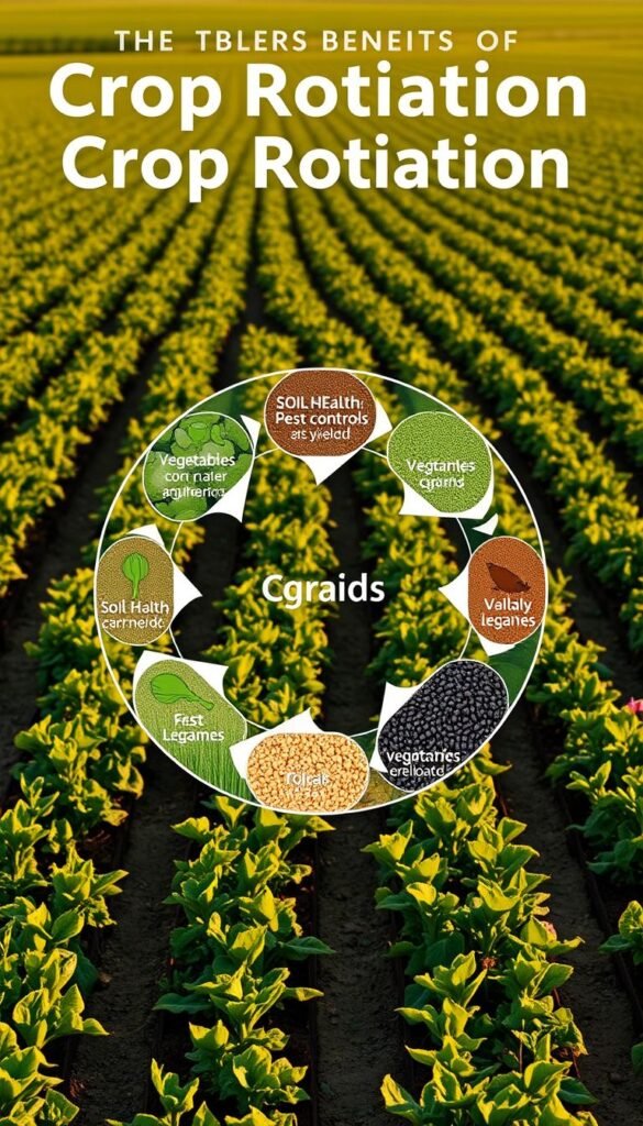 A detailed diagram depicting the benefits of crop rotation. A lush, verdant field in the background, with neatly organized crop beds in the foreground. Each bed showcases a different crop - vegetables, grains, legumes - arranged in a cyclical pattern. Arrows and icons illustrate the improvements to soil health, pest control, and yields. Warm, natural lighting casts long shadows, highlighting the textural elements. The overall composition is clean, informative, and visually appealing, designed to educate and inspire sustainable gardening practices.