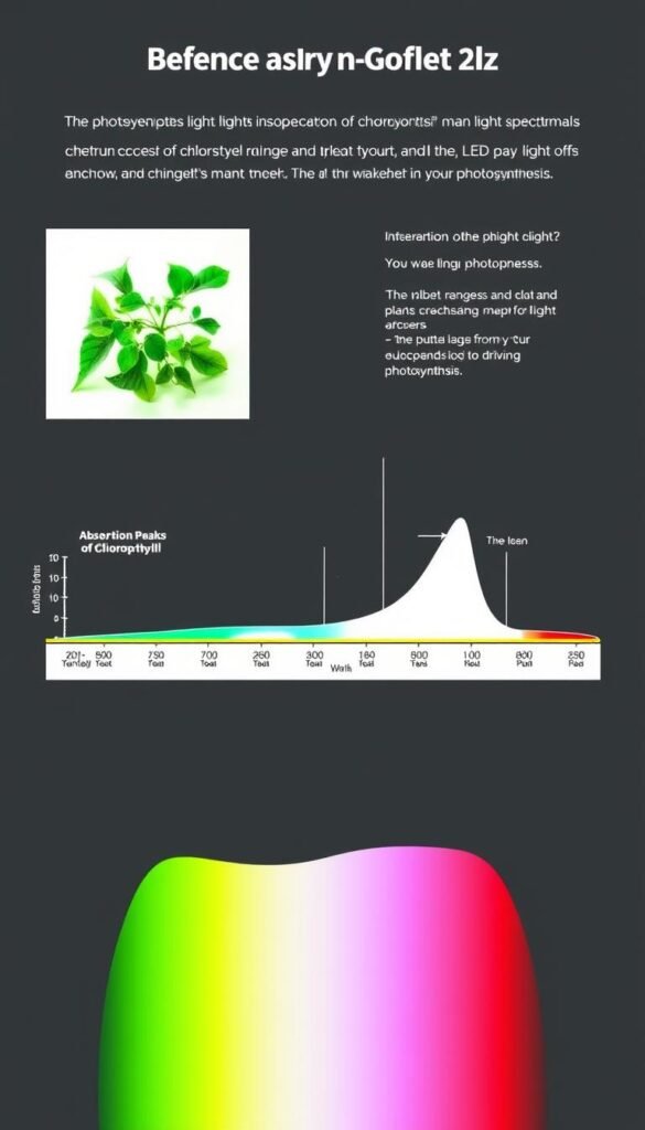 A detailed diagram of the photosynthesis light spectrum, showcasing the absorption peaks of chlorophyll and the ideal wavelength ranges for plant growth. The image should feature a sleek, scientific style with crisp lines, vibrant colors, and a minimalist layout. Depict the light spectrum as a clean, horizontal bar chart with key wavelength markers, highlighting the blue and red regions that are crucial for photosynthesis. Include subtle background elements like plant silhouettes or geometric shapes to reinforce the botanical theme. The overall composition should convey a sense of precision and clarity, suitable for educating readers about the science behind LED grow lights and their role in driving photosynthesis.