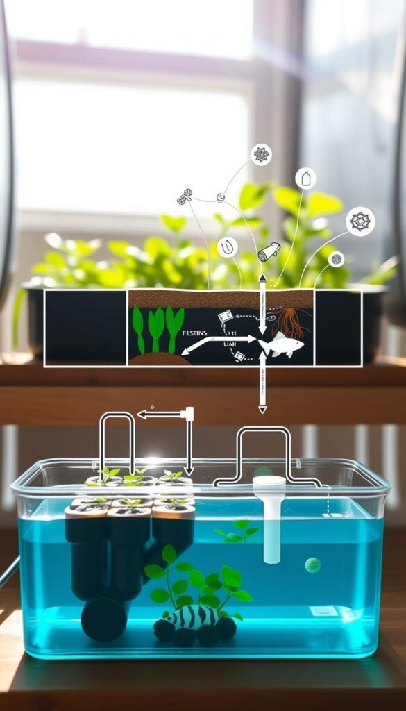 A detailed diagram showcasing the key components of an aquaponics system. In the foreground, a simplified layout of the grow bed, fish tank, and connecting pipes. The middle ground features a cross-section view highlighting the water flow, filtration, and nutrient cycling. In the background, stylized icons depict the symbiotic relationship between the plants, fish, and bacteria. Bright, natural lighting illuminates the scene, conveying a sense of vibrant, sustainable growth. The overall composition is clean, informative, and visually engaging, suitable for illustrating the fundamentals of aquaponics.