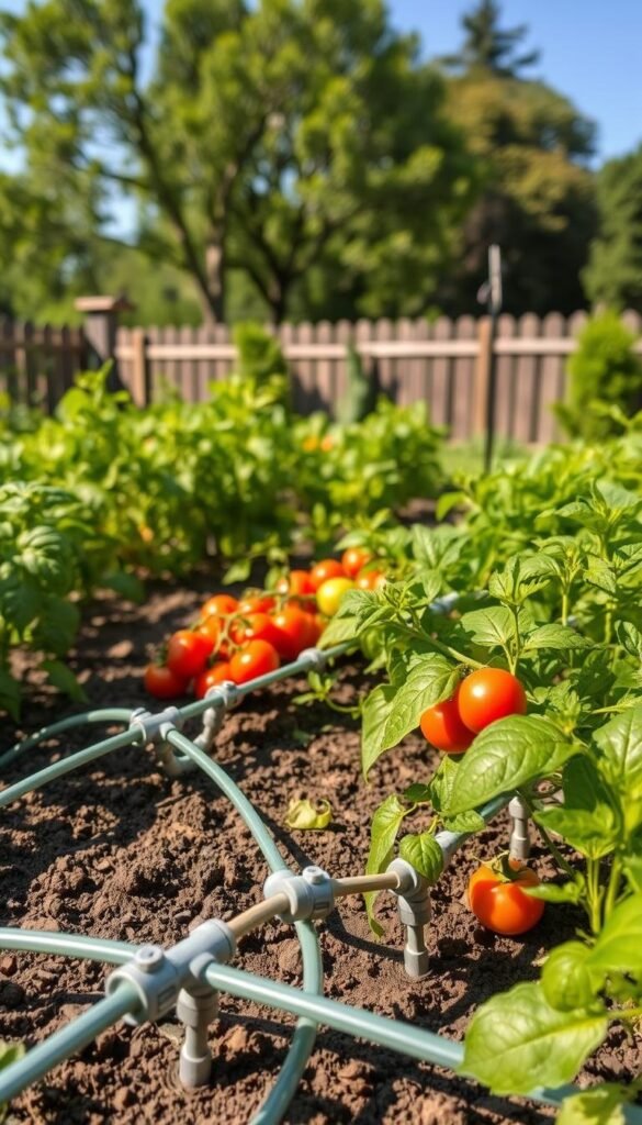 A detailed drip irrigation system installed in a lush, thriving backyard vegetable garden. The foreground showcases the intricate network of flexible pipes and emitters delivering water precisely to the plant roots. The middle ground depicts a variety of flourishing vegetables such as tomatoes, peppers, and leafy greens. The background frames a picturesque garden scene with a wooden fence, mature trees, and a clear blue sky overhead. Soft, natural lighting illuminates the entire setup, emphasizing the efficiency and sustainability of the irrigation system. The mood is one of order, productivity, and environmental harmony.
