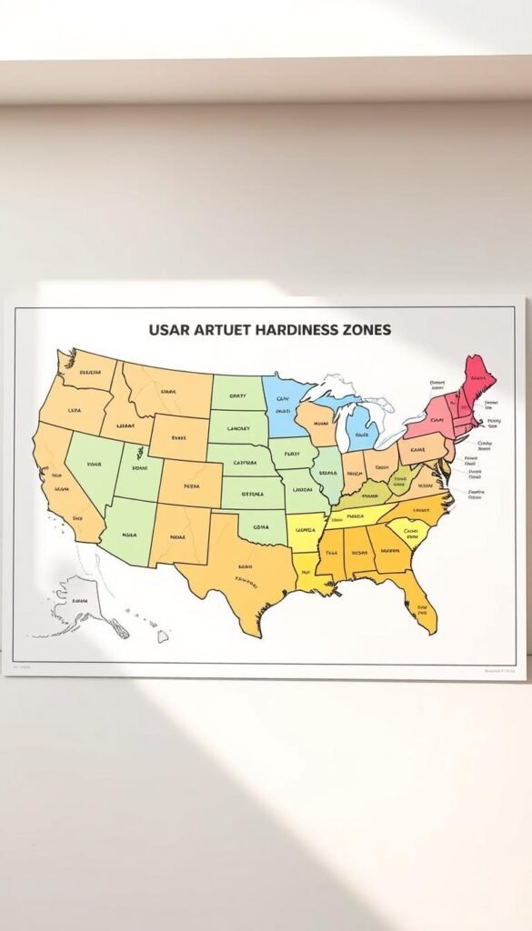 A detailed, highly accurate map of the USDA Hardiness Zones, presented in a clean, minimalist style. The map fills the frame, showcasing the distinct climate regions across the United States in a vibrant, color-coded manner. The zones are rendered with crisp, defined borders, allowing the viewer to clearly discern the boundaries between each climate type. The map is illuminated by soft, natural lighting, creating a welcoming, informative atmosphere. The composition is balanced, with the map centrally positioned, allowing the viewer to easily reference and understand the information presented. This image will serve as a valuable visual aid, helping gardeners identify the optimal growing conditions for their climate and select the most suitable flowers for their first garden.