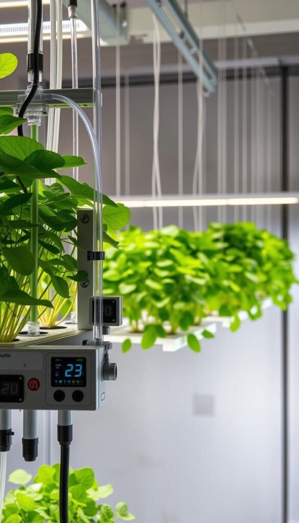 A detailed hydroponics system with lush, vibrant plants suspended in a clean, futuristic environment. In the foreground, a sleek, modular nutrient delivery apparatus with transparent tubing and digital readouts. The middle ground features healthy, flourishing hydroponically-grown produce, their leaves glistening under soft, even lighting. The background depicts a minimalist, high-tech indoor farming space with smooth concrete walls and gleaming metal accents. The overall scene conveys a sense of scientific precision and sustainable, cutting-edge agricultural innovation.