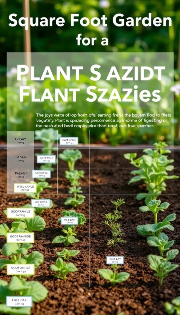A detailed, informative chart displaying optimal plant spacing for a square foot garden. In the foreground, various common vegetable and herb varieties are arranged in a grid layout, each with a label indicating recommended spacing. The midground shows a rich, textured soil background, conveying the fertile, well-tended nature of the garden. The background depicts a softly blurred, lush green environment, hinting at the thriving, productive nature of the square foot gardening approach. The lighting is natural and warm, with a gentle, directional illumination that casts subtle shadows to accentuate the three-dimensional aspects of the chart. The overall mood is informative, practical, and evocative of the joys of bountiful, harmonious backyard gardening.