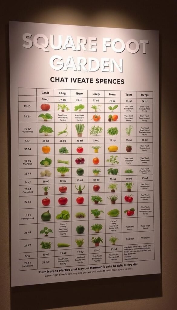 A detailed, neatly organized square foot garden planting chart, showcasing the optimal spacing for a variety of common vegetables and herbs. The chart is rendered in a clean, minimalist style, with crisp lines and a neutral color palette that complements the natural tones of the produce. The layout is easy to read, with clear delineation between the different plants, their recommended square footage, and any additional growing tips. Soft, diffused lighting illuminates the chart, creating a sense of depth and allowing the information to be legibly displayed. The overall impression is one of practicality and utility, designed to serve as a useful reference for the gardener planning their square foot garden for maximum yield.