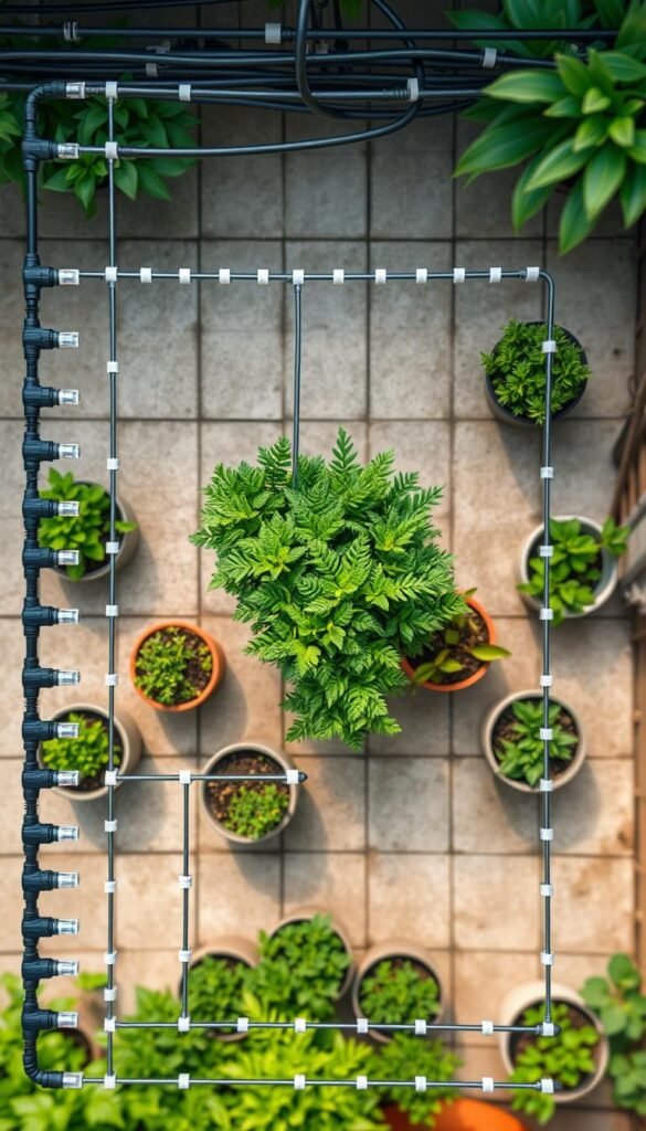 A detailed overhead view of a meticulously planned drip irrigation layout for an urban garden. The foreground features a neatly organized array of drip emitters, tubing, and connectors in a geometric pattern, showcasing the efficient design. The middle ground depicts lush greenery, including a variety of potted plants and small shrubs, strategically positioned to receive the optimal water coverage. The background subtly fades into a soft, diffused natural lighting, creating a sense of depth and tranquility. The entire scene conveys a harmonious blend of functionality and aesthetic appeal, perfect for illustrating the planning and design process of a DIY drip irrigation system.