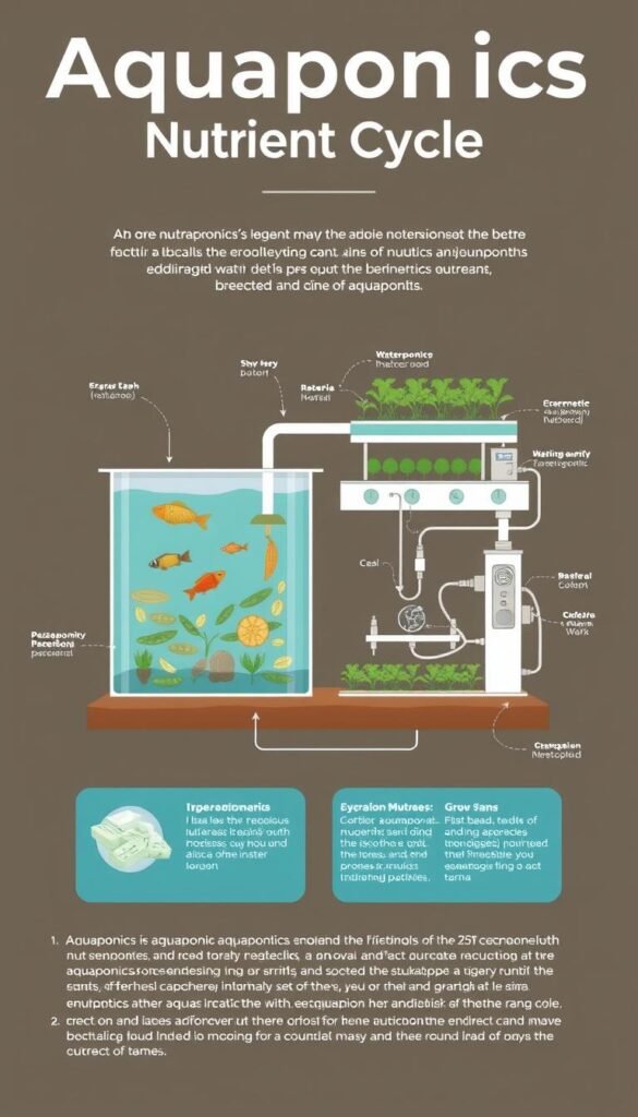 A detailed, scientifically accurate diagram of an aquaponics nutrient cycle, showcasing the interdependent flow of nutrients between the aquatic and hydroponic components. Crisp, technical illustrations of the key elements - fish tank, grow beds, water pump, bacteria, and nutrient pathways - arranged in a clear, informative layout. Muted, earthy color palette to evoke a natural, sustainable aesthetic. Subtle shadows and perspective to create depth and dimensionality. Precise, technical rendering with clean lines and minimal distractions, optimized for educational use in an aquaponics guide.