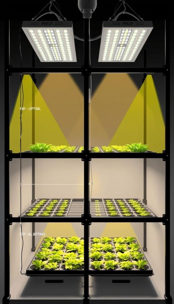 A detailed, technical diagram of an indoor hydroponic grow setup, showcasing the optimal placement and positioning of LED grow lights. The image features a clean, minimalist layout, with a grid-like structure highlighting key elements such as plant trays, suspended light fixtures, and adjustable mounting systems. The lighting is directed precisely at the plants, casting a warm, even glow across the growing area. The overall tone is informative and practical, conveying the importance of carefully considering light distribution and coverage for maximizing plant growth and yield.