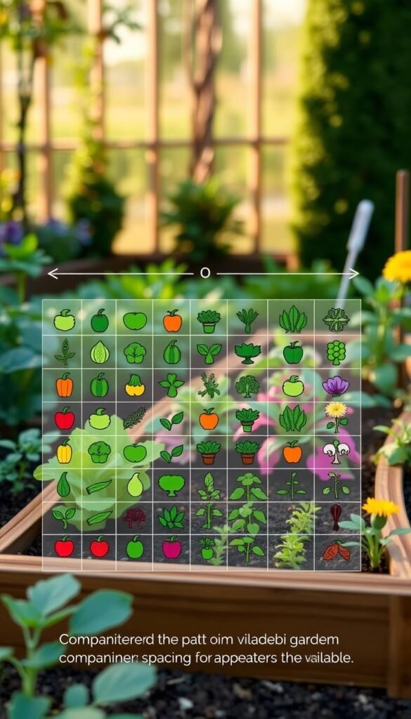 A detailed, technical diagram showcasing the optimal layout and spacing for a companion planting setup in a small garden or raised bed. The foreground depicts various vegetable, herb, and flower icons arranged in a grid pattern, efficiently utilizing the available space. The middle ground features a transparent grid overlay, visualizing the precise dimensions and spacing between plants. The background shows a realistic garden setting, with a warm, earthy color palette and soft, directional lighting casting gentle shadows. The overall mood is informative and practical, highlighting the benefits of strategic companion planting for maximizing yields in limited space.