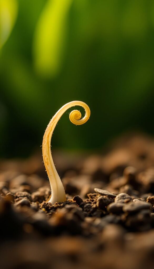 A detailed, up-close view of a sprouting seed, gently emerging from the soil. The seed's delicate tendrils unfurl, reaching towards the light, set against a soft, blurred background of lush greenery. Warm, diffused lighting casts a gentle glow, emphasizing the intricate textures and vibrant colors of the germinating seedling. The composition is balanced, drawing the viewer's eye to the center of the frame, where the seed's new growth takes center stage. The overall mood is one of wonder and discovery, perfectly capturing the magic of a plant's life cycle through the eyes of a child.