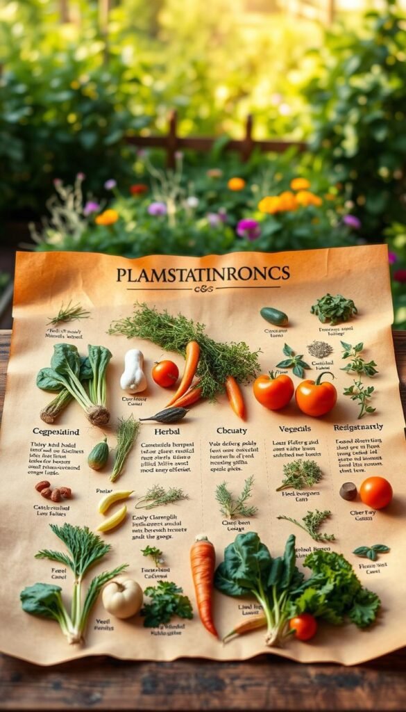 A detailed vegetable companion planting guide displayed on an old parchment-like paper, illuminated by warm natural lighting. In the foreground, various vegetables and herbs are arranged in an organic, harmonious layout, each labeled with their companion planting benefits. The middle ground features a lush, vibrant garden backdrop, showcasing the ideal growing conditions. The background subtly fades into a soft, earthy tone, creating a timeless, educational ambiance. The composition is balanced, with a focus on practical information presented in a visually appealing manner.