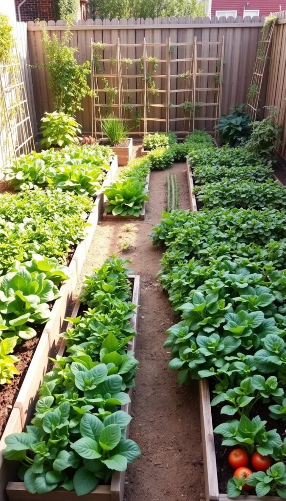 A detailed, well-organized garden layout diagram showcasing efficient crop rotation in a small backyard oasis. Vibrant vegetables and lush greenery fill the foreground, arranged in symmetrical beds. The middle ground features a central pathway winding through the space, flanked by neat rows of thriving produce. In the background, a wooden fence or trellis system provides visual interest and a sense of enclosure. Soft, natural lighting illuminates the scene, casting gentle shadows and highlighting the verdant hues. The overall mood is one of abundance, organization, and maximized productivity within a limited but well-designed urban garden.