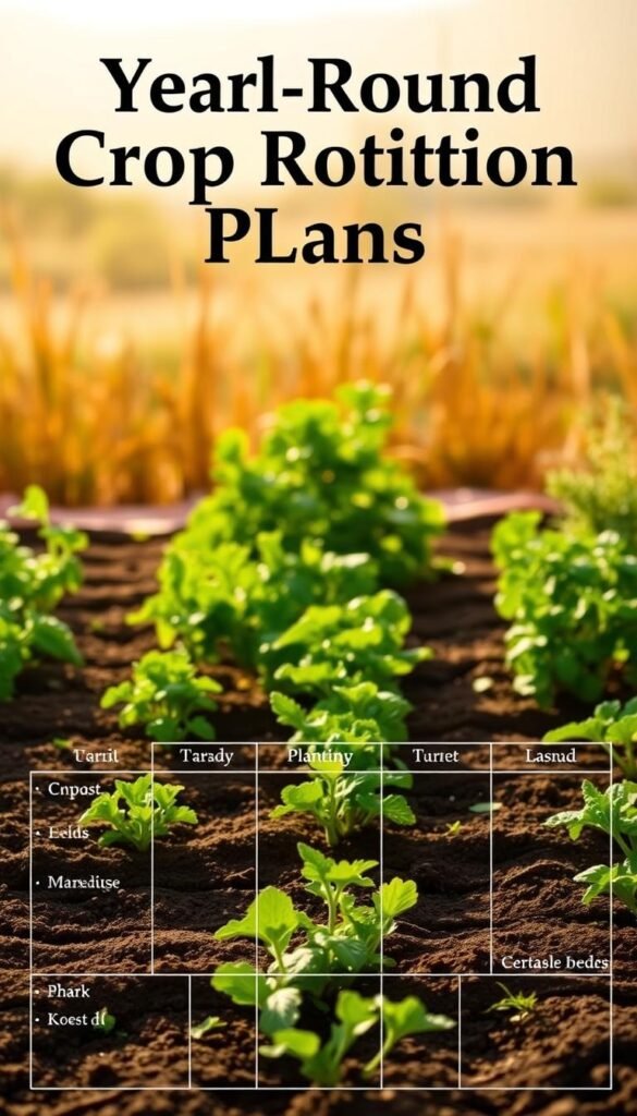 A detailed year-round crop rotation plan diagram set against a warm, earthy backdrop. The foreground showcases a clear, well-organized layout of different planting beds, each with a specific crop or herb assigned to it. The middle ground features lush greenery, such as flourishing vegetables and herbs, with diffused natural lighting casting gentle shadows. The background incorporates a soft, hazy countryside scene, hinting at the tranquil, productive nature of this small-scale sustainable garden. The overall composition conveys a sense of harmony, balance, and the potential for bountiful harvests throughout the seasons.