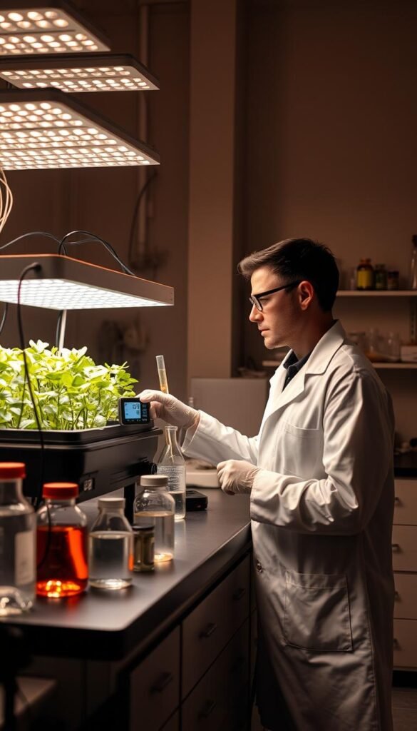 A dimly lit laboratory setting, a hydroponic gardening system prominently displayed on a workbench. The system's nutrient solution levels are being closely monitored by a researcher in a white lab coat, who examines the readings on a digital display with a look of concentration. Beakers, test tubes, and other scientific equipment surround the scene, conveying a sense of scientific rigor and attention to detail. Soft, indirect lighting casts a warm glow, creating an atmosphere of careful observation and analysis. The overall impression is one of a dedicated, methodical approach to maintaining the health and vitality of the hydroponic plants.