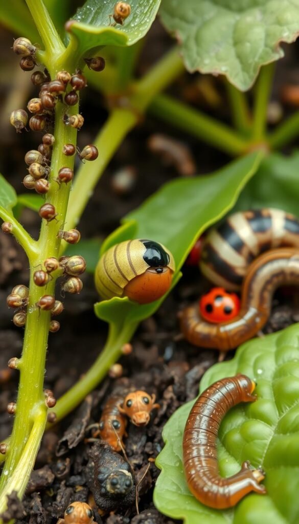 A diverse array of common garden pests, meticulously detailed and realistically rendered. In the foreground, a cluster of aphids cling to the stem of a leafy plant, their bodies glistening with dew. In the middle ground, a plump caterpillar slowly munches on a vibrant green leaf, while a curious ladybug surveys the scene. In the background, a family of slugs glides across the soil, leaving a glistening trail. The scene is illuminated by soft, natural lighting, capturing the intricate textures and delicate features of these often overlooked garden inhabitants. The composition is balanced and visually compelling, inviting the viewer to study the various pests and better understand their role in the delicate ecosystem of the backyard garden.