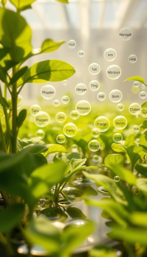 A diverse array of macronutrients and micronutrients float in a serene hydroponic ecosystem. In the foreground, vibrant green leaves and stems emerge from the clear nutrient-rich solution, casting soft shadows. In the middle ground, glowing orbs of phosphorus, nitrogen, and potassium dance amidst trace minerals like iron, zinc, and boron. The background fades into a hazy, ethereal realm, suggesting the intricate, interconnected web of these essential elements sustaining robust hydroponic growth. Warm, diffused lighting imbues the scene with a sense of natural harmony, captured through a wide-angle lens to emphasize the holistic balance of this carefully cultivated system.