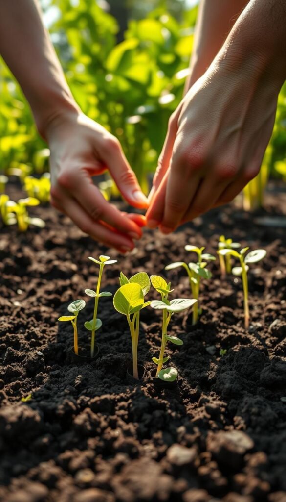A gardener's hands carefully transplanting young seedlings into rich, dark garden soil. The seedlings, their delicate leaves and tender stems, are gently lowered into neatly prepared planting holes. Sunlight filters through lush, verdant foliage, casting a warm, natural glow. In the background, a well-tended garden bed awaits the new additions, its soil freshly turned and ready to nourish the plants. The scene conveys a sense of calm, focused attention as the gardener tenderly places each seedling, ensuring their successful transition from the safety of their containers to the open ground. A wide-angle lens captures the entire process, framing the scene with depth and attention to detail.