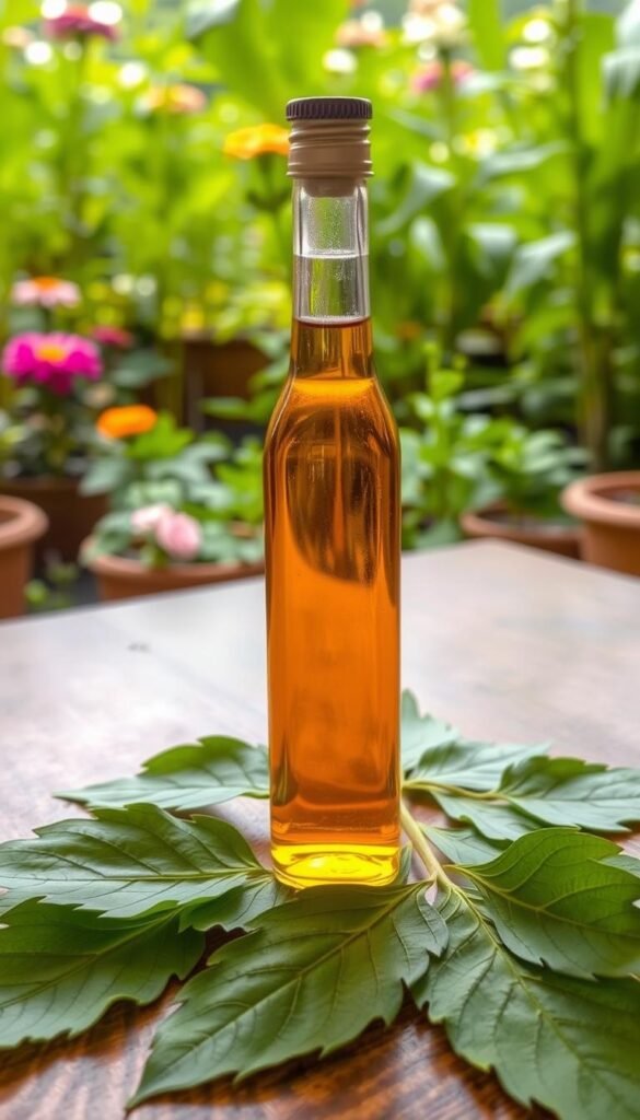 A glass bottle filled with a rich, amber-colored neem oil, standing on a wooden table. The bottle is surrounded by lush, green leaves of the neem tree, some crushed to release the distinctive aroma. In the background, a vibrant, verdant garden is visible, with various plants and flowers representing the organic, natural setting. Soft, diffused lighting illuminates the scene, creating a warm, inviting atmosphere conducive to effective, sustainable pest control.