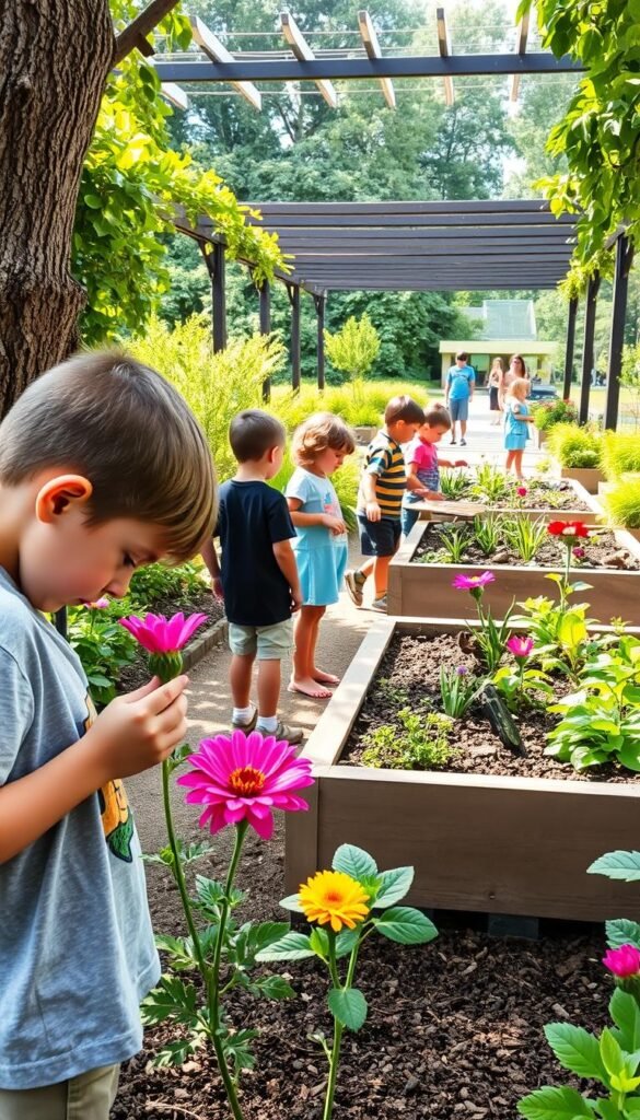 A group of children engaged in various educational activities in a lush, well-designed sensory garden. In the foreground, a young boy examines a vibrant flower with curiosity, while his classmates touch the rough bark of a tree or observe the gentle movements of a butterfly. The middle ground features raised garden beds with diverse plants, each offering a unique tactile, visual, or olfactory experience. In the background, a pergola-covered walkway leads visitors through the tranquil space, bathed in soft, natural light. The overall scene conveys a sense of wonder, learning, and peaceful exploration, perfectly capturing the educational and therapeutic benefits of a sensory garden.