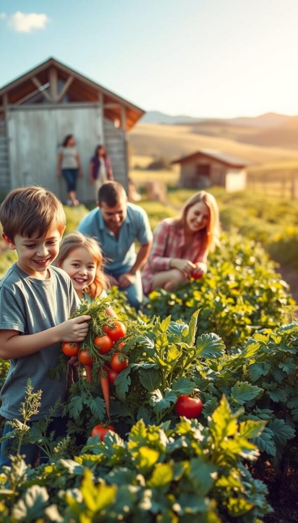 A happy family of four joyfully harvesting their homegrown bounty from a lush garden. In the foreground, a young boy and girl excitedly pick fresh tomatoes, carrots, and leafy greens, their faces aglow with delight. In the middle ground, the parents tend to the healthy plants, their hands calloused yet gentle as they prune and inspect the produce. The background showcases a serene countryside setting, with rolling hills, a rustic wooden shed, and a clear blue sky highlighted by soft, warm lighting. An atmosphere of satisfaction, gratitude, and a connection to the land permeates the scene, capturing the spirit of embracing one's growing adventures.