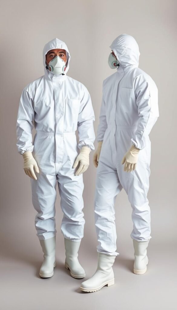 A high-quality, well-lit photograph of a full-body hazmat suit with a clear face mask, latex gloves, and heavy-duty rubber boots, all in a bright, clinical white color. The suit is displayed against a plain, neutral backdrop with soft, even lighting from multiple angles to clearly showcase the safety gear's details. The overall composition emphasizes the practical, professional nature of the equipment, conveying a sense of safety, cleanliness, and attention to proper hydroponic system maintenance protocols.