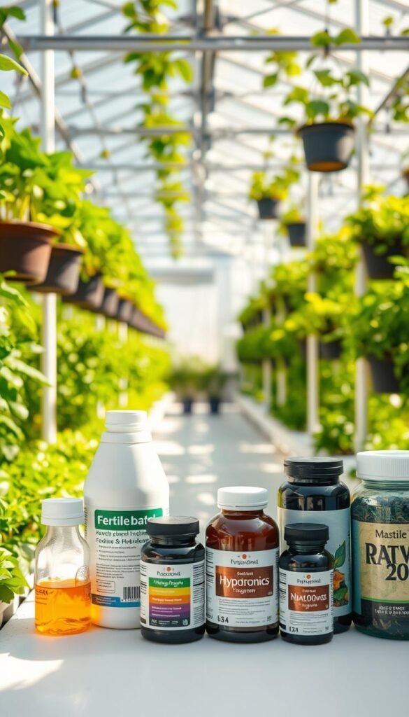 A hydroponic garden filled with lush, verdant foliage. In the foreground, a close-up view of various fertilizer bottles and containers, meticulously arranged on a clean, white surface. The labels on the bottles showcase the different nutrients and supplements essential for a thriving hydroponic system. In the middle ground, a well-lit, airy greenhouse setting with hanging baskets of healthy, vibrant plants. The background features a softly blurred yet expansive view of the hydroponics setup, with clean, modern equipment and a serene, calming atmosphere. The lighting is natural, creating a warm, inviting ambiance that highlights the rich colors and textures of the plants and fertilizers. The overall scene conveys the importance of a well-designed fertilizer program in achieving optimal growth and yield in a hydroponic environment.