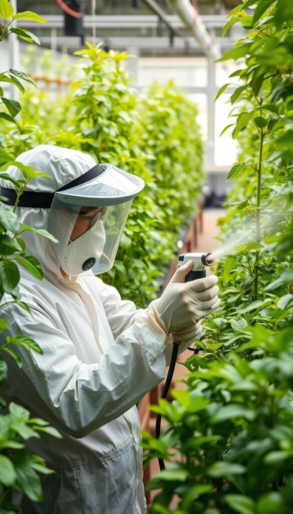 A hydroponic garden, lush with verdant foliage, is the backdrop for a pest control intervention. In the foreground, a skilled technician, dressed in protective gear, meticulously inspects the plants, searching for signs of infestation. Delicate leaves rustle gently in the soft, diffused lighting, as the technician carefully applies a targeted, eco-friendly pesticide solution using a high-precision sprayer. The middle ground reveals a well-organized workspace, complete with diagnostic tools and organic pest control products, all neatly arranged. The scene exudes a sense of professionalism and environmental responsibility, ensuring the hydroponic system remains healthy and thriving.