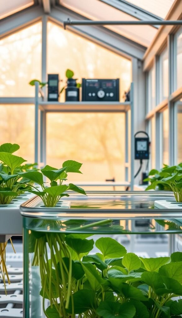 A hydroponic water culture system in a bright, modern greenhouse. In the foreground, a clear glass tank filled with nutrient-rich water, supporting lush green leafy plants that stretch their roots into the solution. In the middle ground, a sleek white shelving unit displays various components - air pumps, timers, and monitoring devices. The background features large windows flooding the space with warm, diffused natural light, creating a serene, scientific atmosphere. The composition highlights the elegant simplicity and efficiency of this DIY hydroponic setup, emphasizing the core principles of water culture and nutrient management.