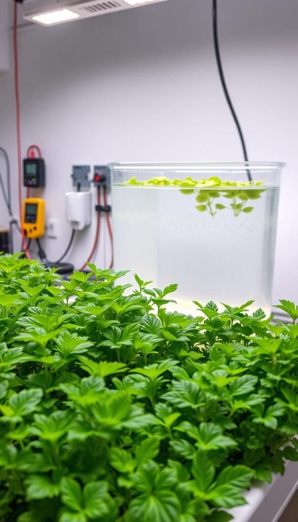 A laboratory-style setup showcasing a hydroponic system with a clear tank filled with a complete, soluble nutrient solution. In the foreground, an array of healthy, vibrant hydroponically grown plants, their lush foliage standing out against a clean, minimalist backdrop. The middle ground features the nutrient tank, its contents illuminated by soft, diffused lighting, highlighting the dissolved minerals and salts. In the background, scientific equipment like pH meters and EC probes, conveying the technical nature of this approach. The overall scene exudes an atmosphere of precision, control, and the optimal conditions required for successful hydroponic cultivation using a complete, soluble fertilizer.
