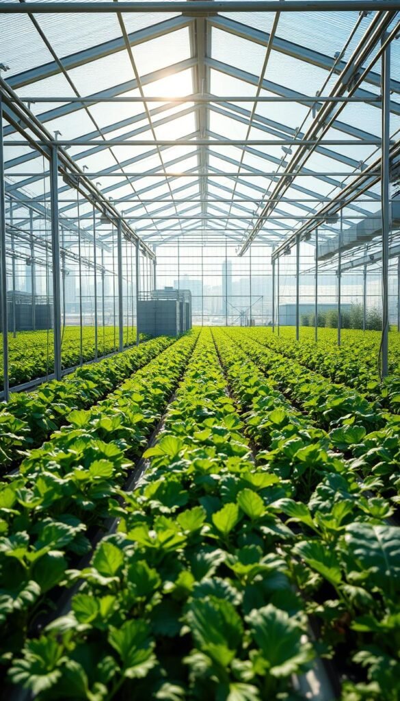 A large, modern greenhouse filled with lush, flourishing hydroponic plants, illuminated by natural sunlight filtering through the glass panels. In the foreground, rows of leafy greens and herbs thrive in a carefully maintained, soil-free system. In the middle ground, automated watering and nutrient delivery systems ensure efficient resource utilization. The background showcases the greenhouse's sustainable design, with solar panels, rainwater collection tanks, and a state-of-the-art climate control system that minimizes energy consumption. The scene exudes a sense of environmental harmony, where technology and nature coexist in a delicate balance to produce a bountiful, eco-friendly harvest.