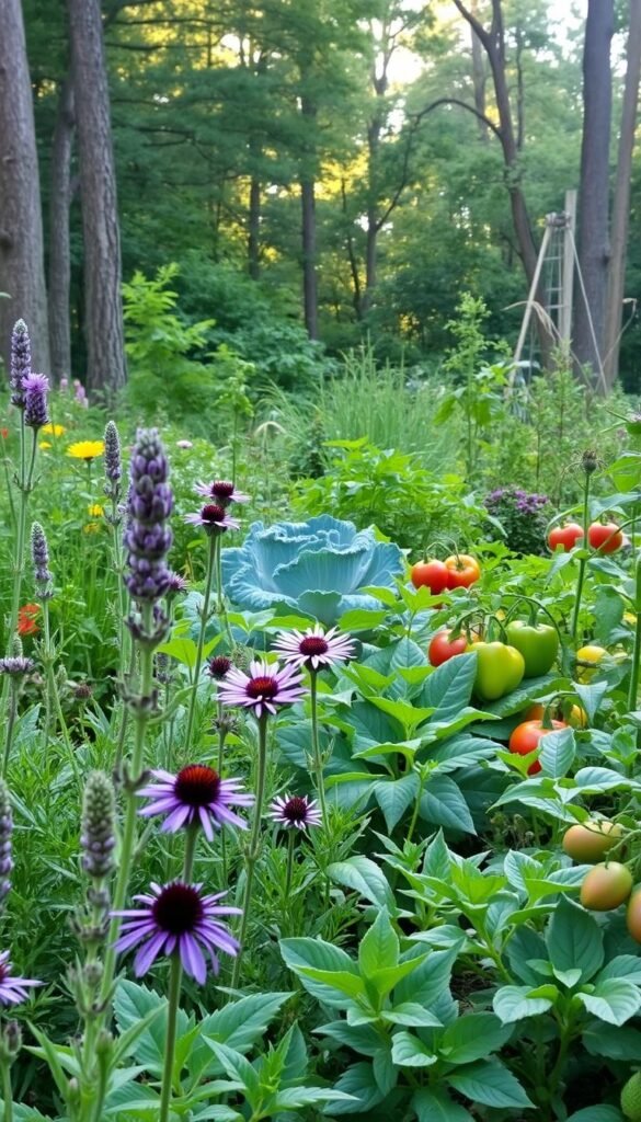 A lush and thriving garden, filled with an array of climate-adapted plants in a natural, chemical-free setting. In the foreground, a variety of flowering perennials and herbs - lavender, rosemary, and purple coneflowers - sway gently in the breeze. The middle ground showcases a diverse selection of leafy greens and vegetables, such as kale, tomatoes, and bell peppers, all nurtured through organic, sustainable practices. In the background, a tranquil woodland scene with towering trees and dappled sunlight creates a serene, inviting atmosphere. The entire composition is bathed in soft, warm lighting, conveying a sense of harmony and balance between nature and the cultivated environment.